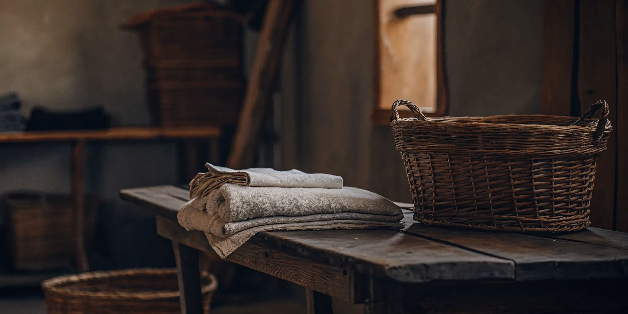 Clean, folded comforter in a wicker basket.