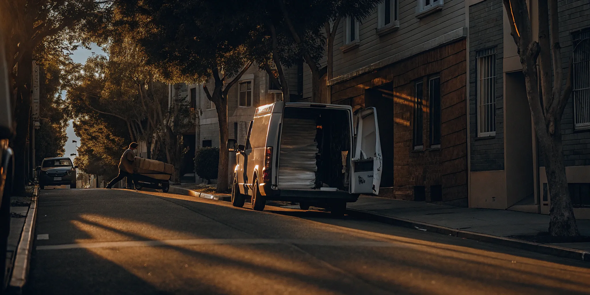 Laundry delivery van on a residential street in Albertson with a worker loading laundry bags.