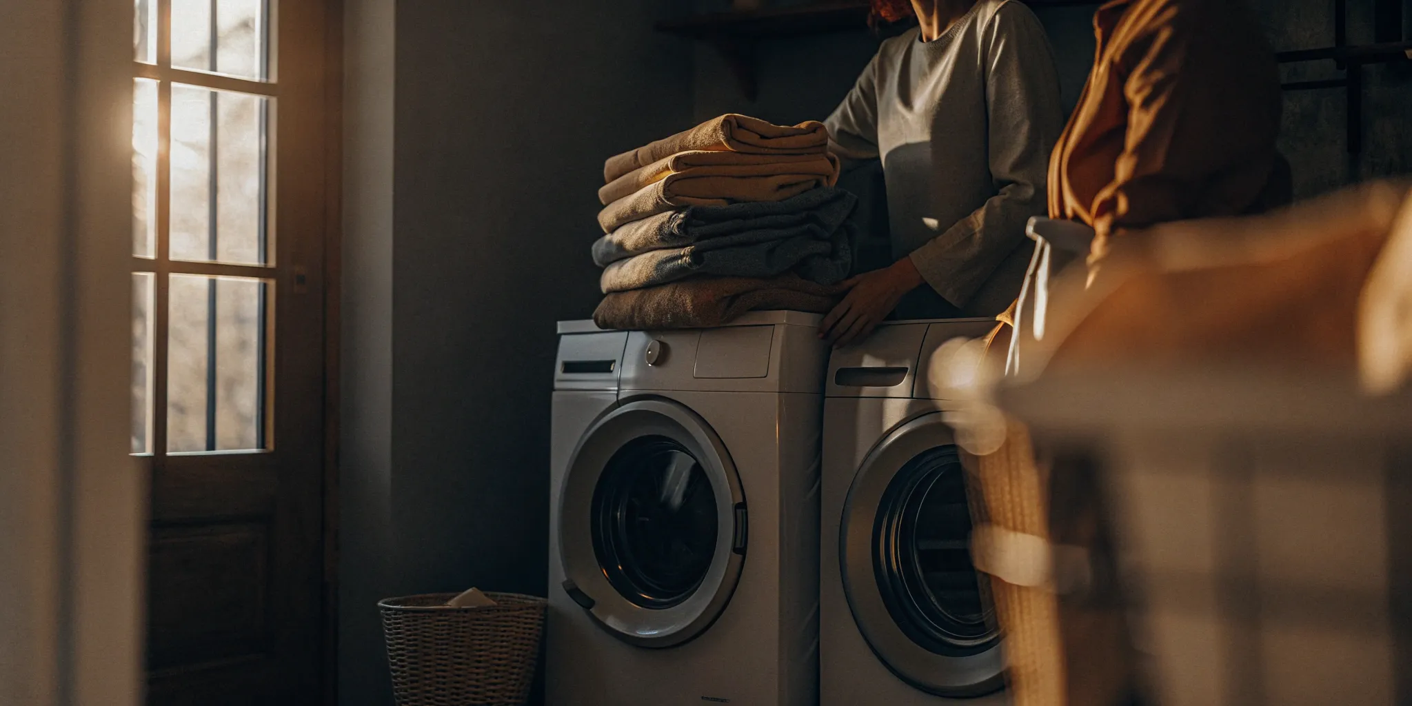 Woman folding professionally cleaned laundry from a delivery service in Oyster Bay.
