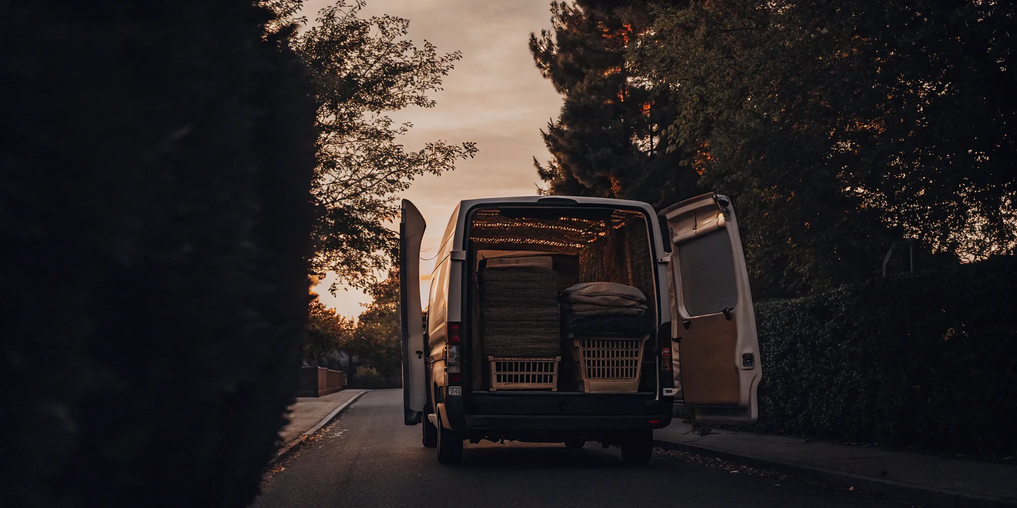 Oyster Bay Cove laundry pickup van delivering baskets of freshly washed clothes.